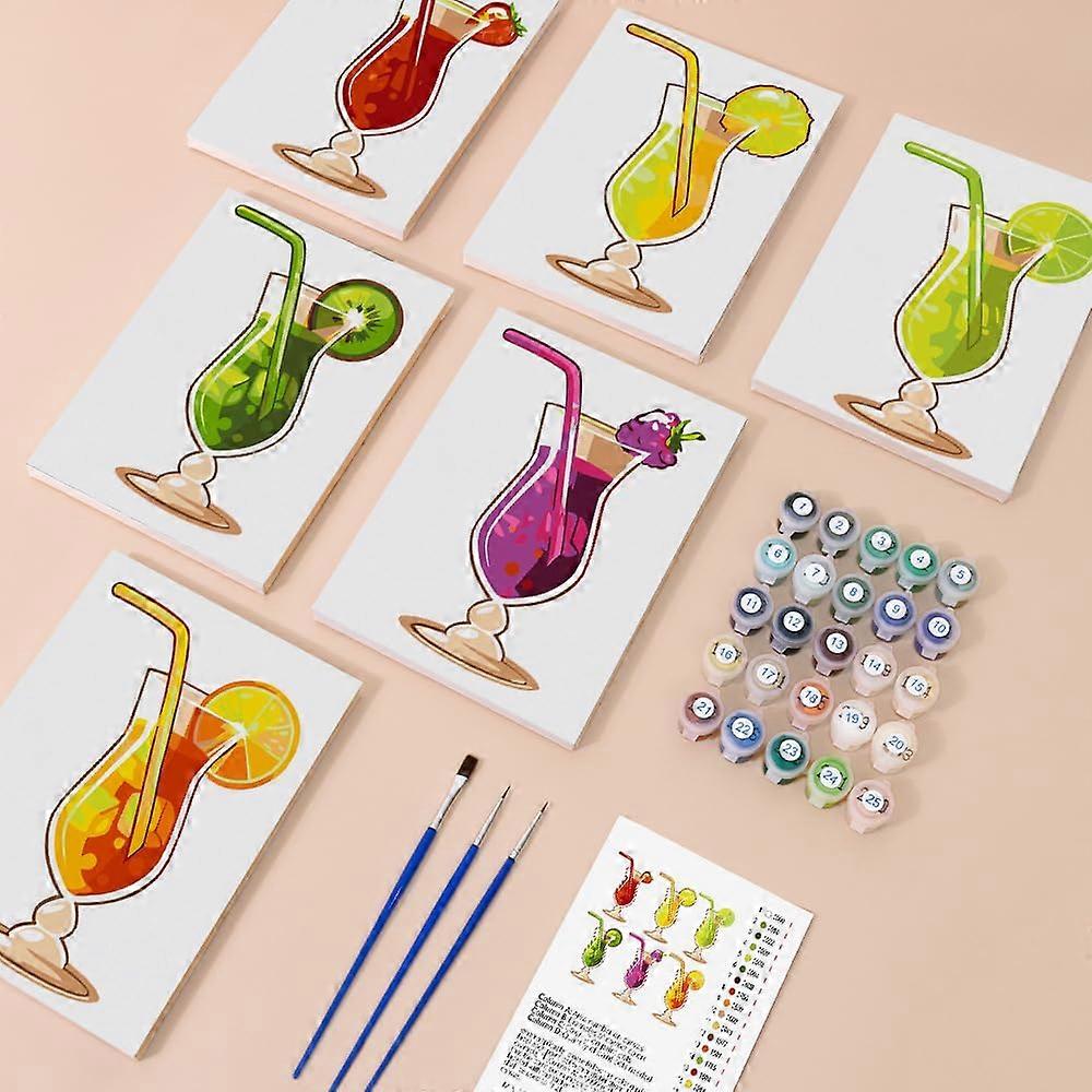 Set of 6 paintbynumbers kits for retro cocktails, acrylic paint, easy to craft