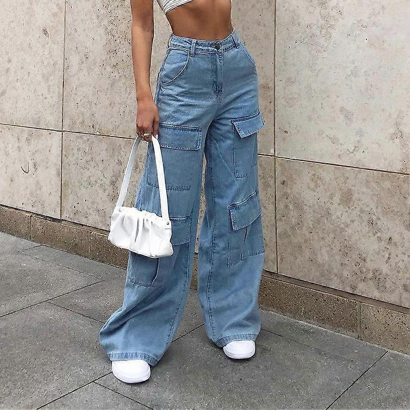 Women's Solid Color Big Pocket Loose Cargo Jeans