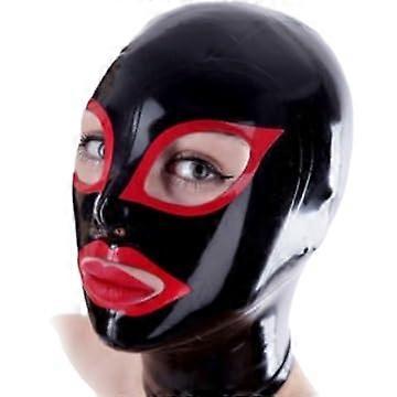 Latex hood, Latex hood with zipper, Latex mask with red edges around the eyes and mouth corners, Black and red XL.