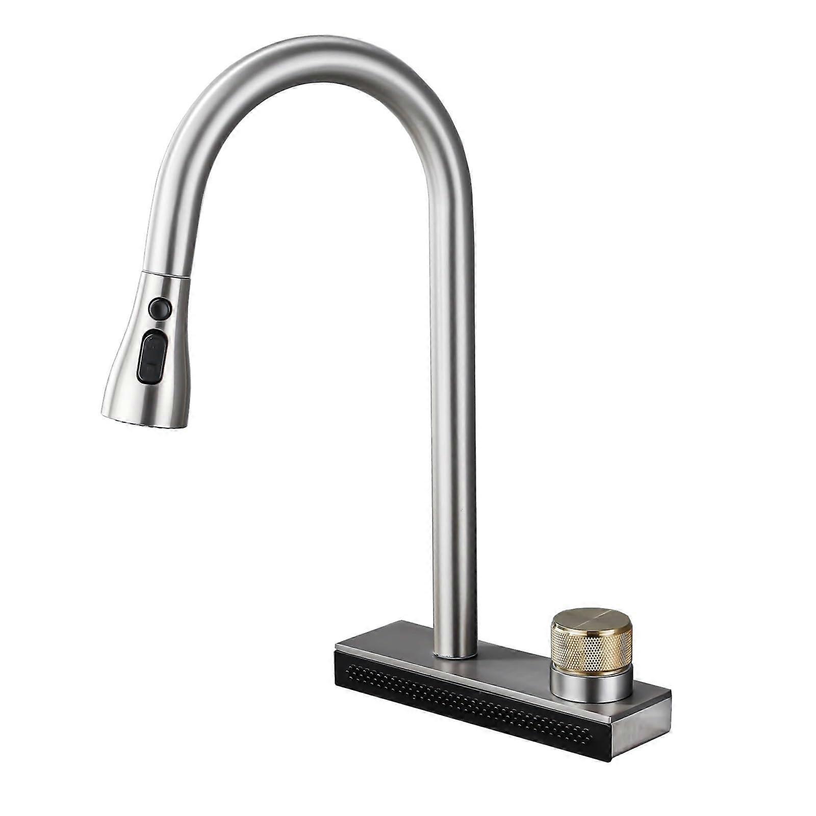 Single-Hole Kitchen Faucet, Black, Brass Construction, Hot and Cold, Pull-Out Sprayer, Waterfall Style