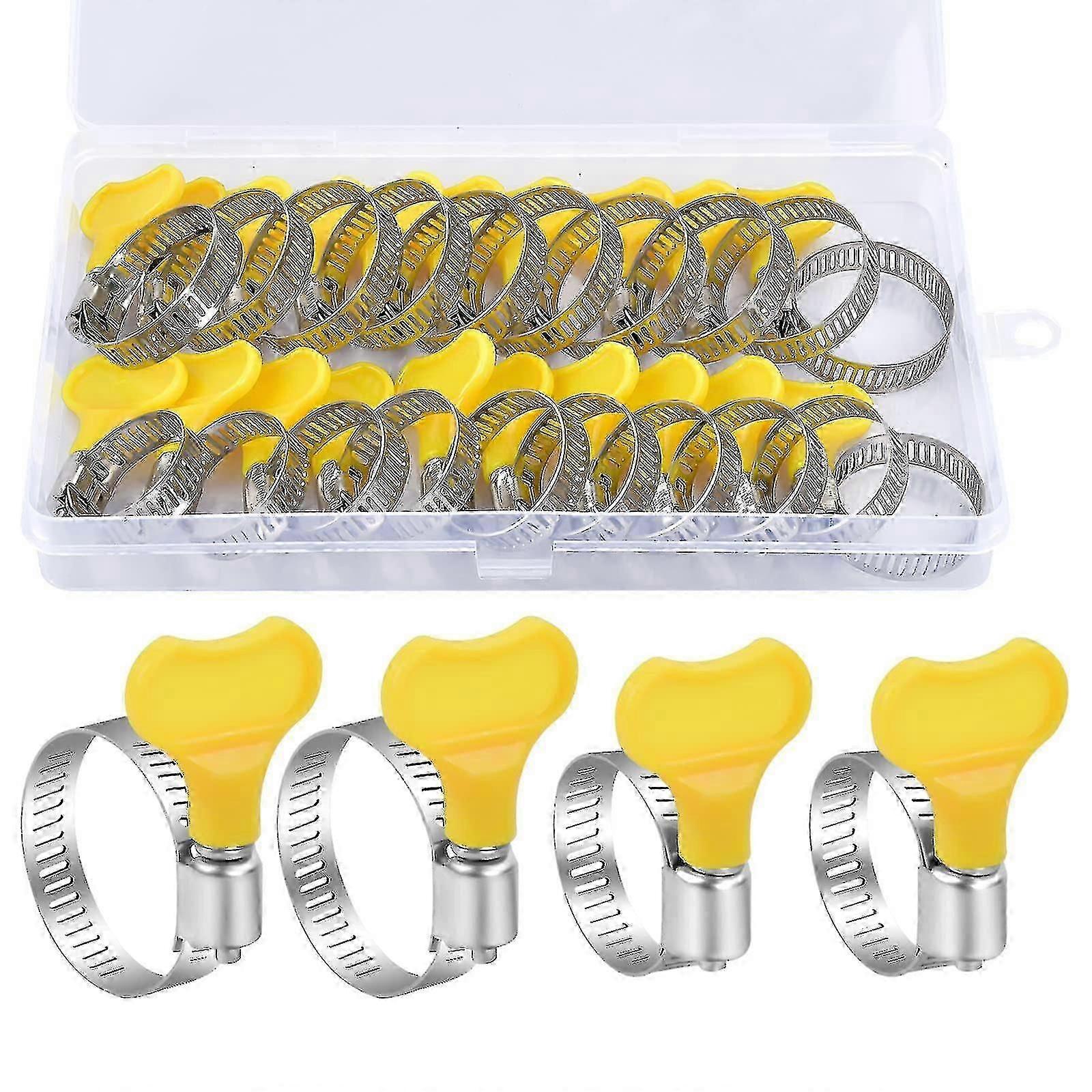 20pcs Adjustable Hose Clamps 16-25/19-29mm Stainless Steel Hose Clips With Rotating Handle Yellow Box For Washing Machines Pools Cars Gas Lines Etc