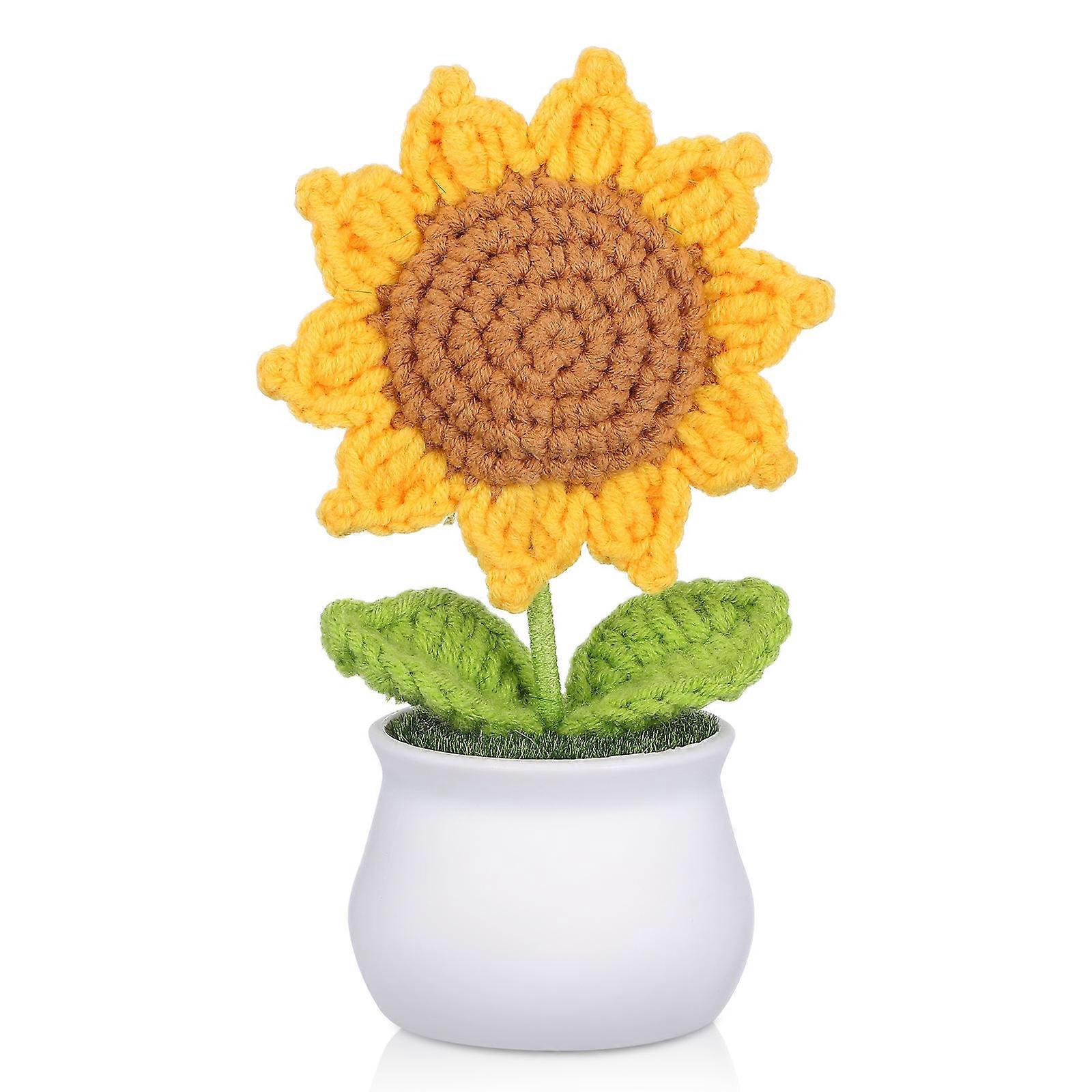 El Yapımı Örgü Ayçiçeği Süsü, Masa, Araba Gösterge Paneli, Ofis Partisi ve Ev Dekorasyonu için Tığ İşi Saksılı Yapay Çiçek