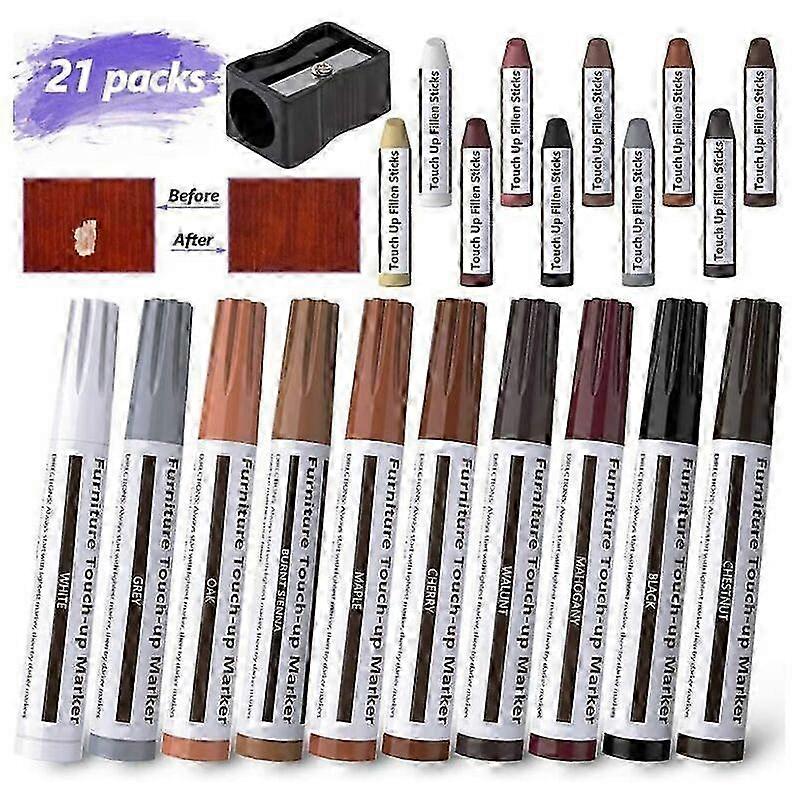 21 pcs Furniture Touch Up Pens Multi-Purpose Felt Marker Furniture Repair Kit for Stain, Scratches, Wood Floors, Tables with Pencil Sharpener