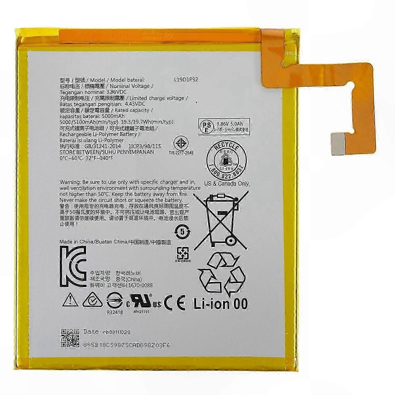 Li-ion Polymer Battery Assembly for 10-Inch Tablets, 3.86V 5000mAh Replacement Power Pack with L19D1 Encoding