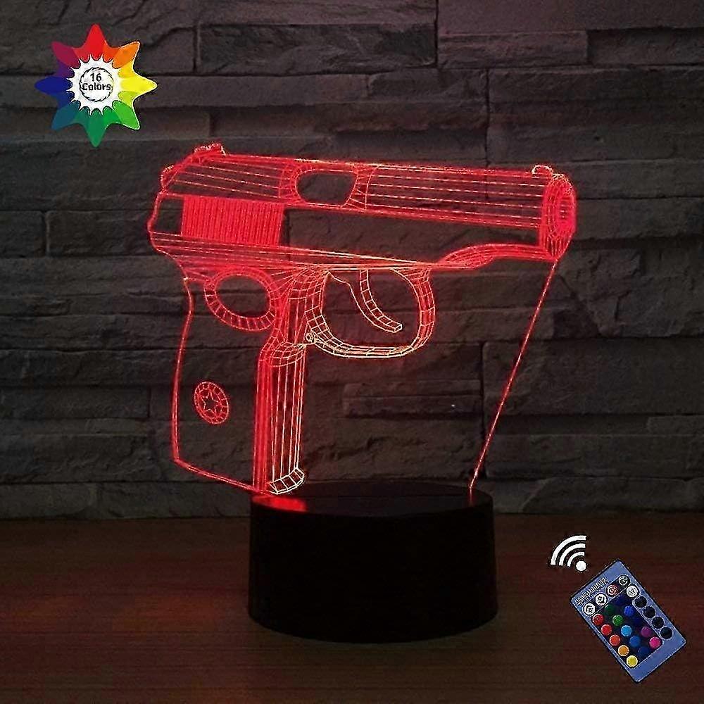 Optical Illusion 3D Pistol Gun Night Light 16 Colors Changing USB Power Remote Control Touch Switch Decor Lamp LED Table Desk Lamp Children Kids Chris