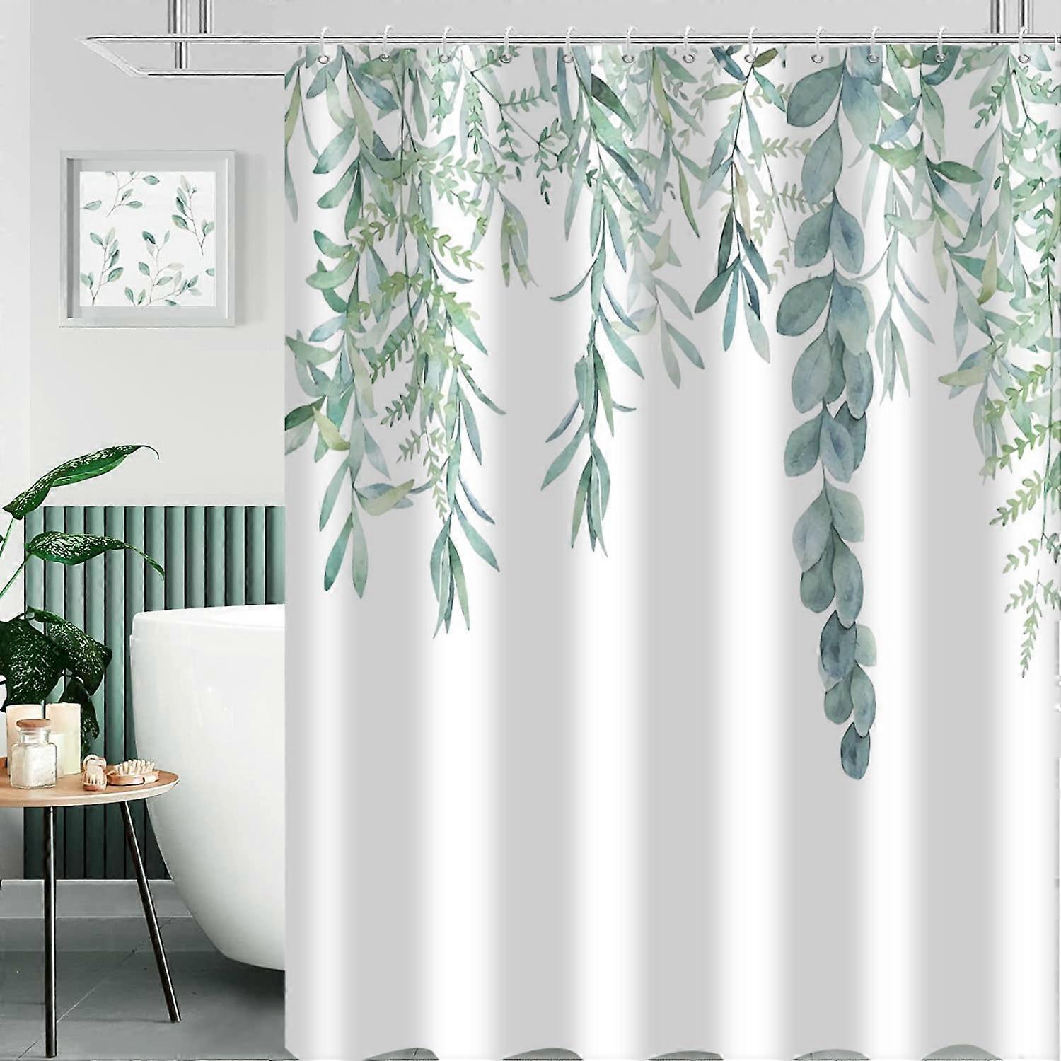 Botanical Shower Curtain, Watercolor Eucalyptus Leaf Green Waterproof Fabric, Machine Washable with 12 Hooks