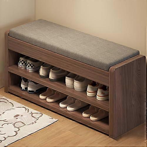 Cushioned Shoe Bench With 2Tier Fabric Upholstered Rack For Entryway Home Bedroom And Dorm Warm White Size 80cm/31.5in