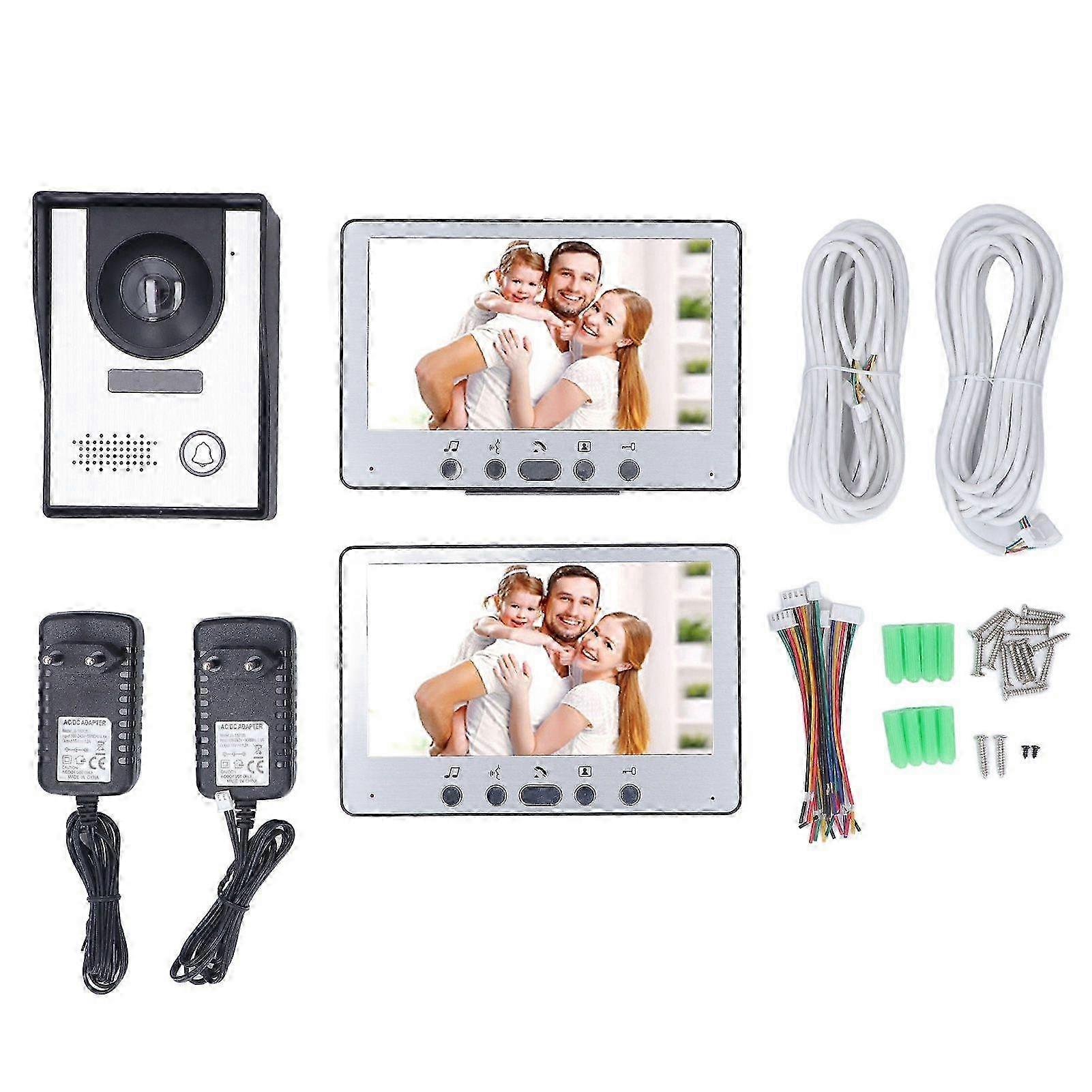 7in Video Doorbell Intercom Kit with 2 Display Waterproof Infrared Night Vision Remote Unlock Video Door Entry System EU Plug 100240V