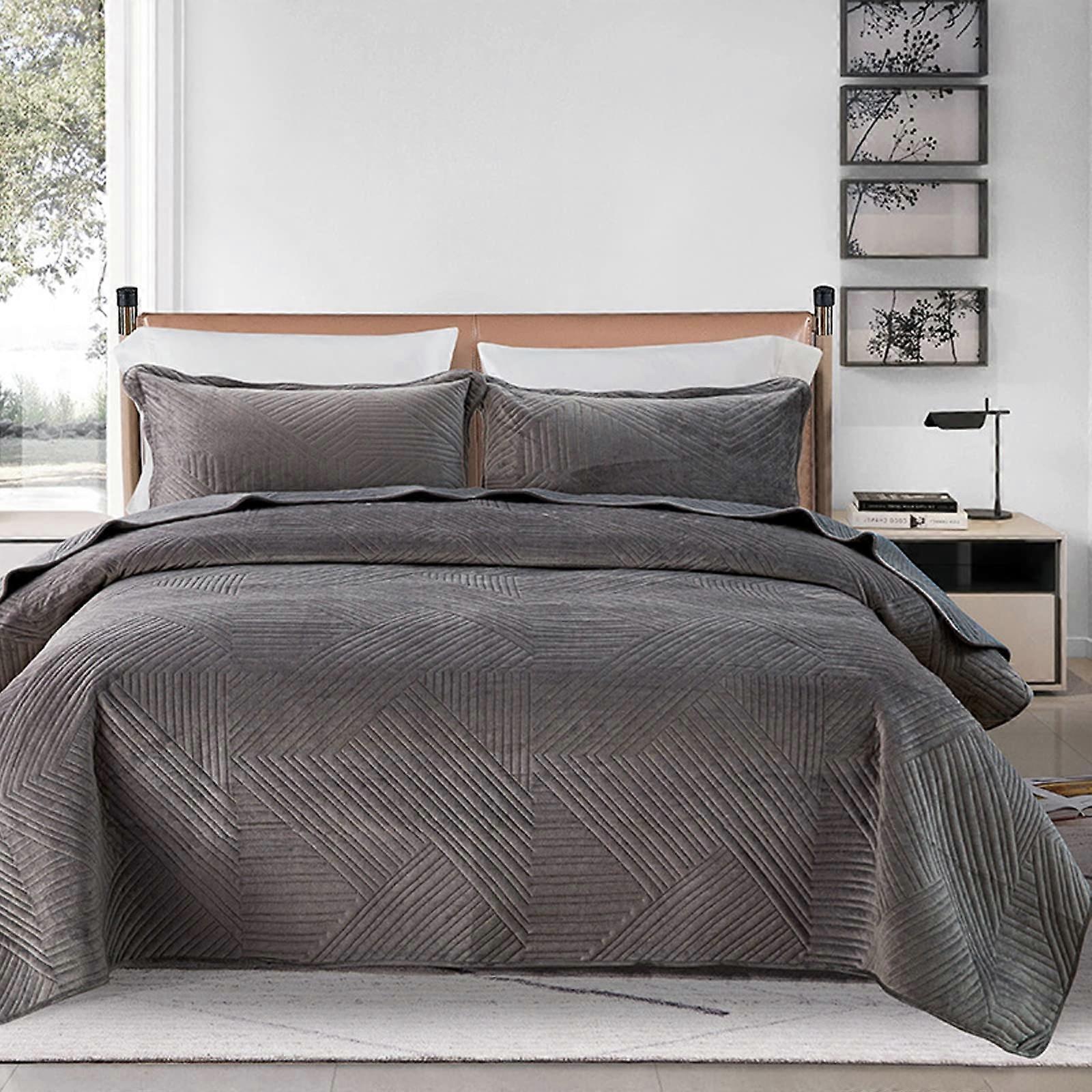 Quilted Bedspreads Bed Throw Queen Size 3 Piece Bedding Set Microfiber Soft Embossed Quilt Dark Gray 220x240cm