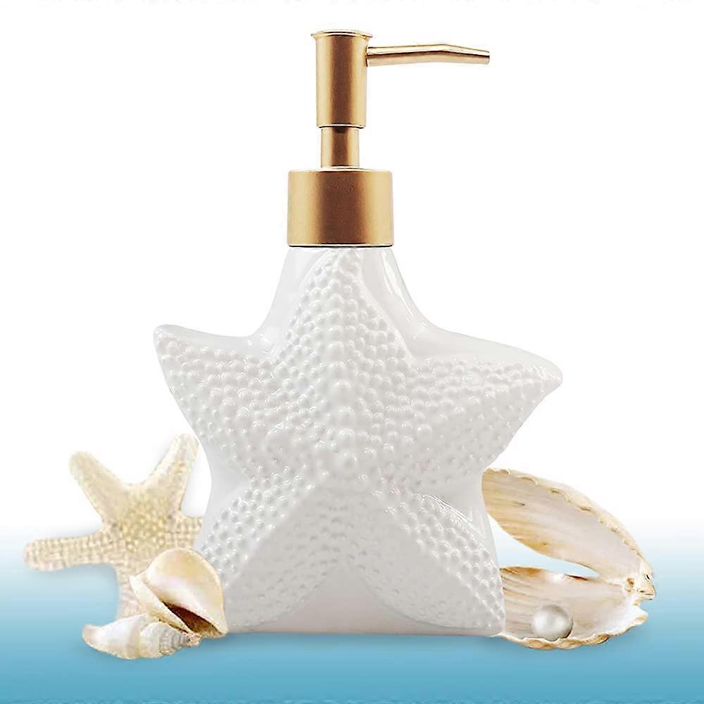 Ceramic Soap Dispenser White with Gold Pump Starfish Design Ocean Theme for Bathroom or Kitchen