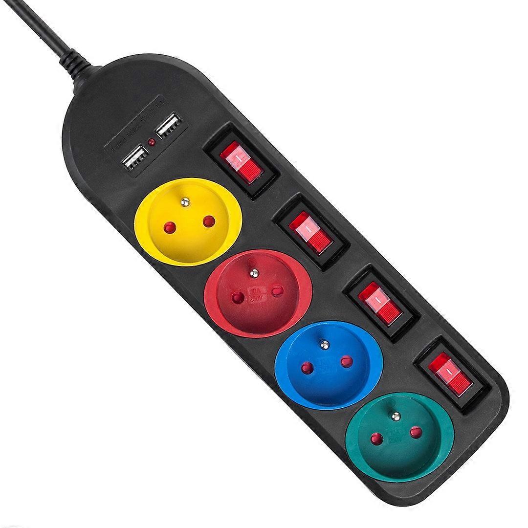 Maclean Power Strip, 4-socket Extension Cable + 2xusb, With Switches, 250vac/10a, 2.1a 5v, 1.5m, Black, Mce229 B