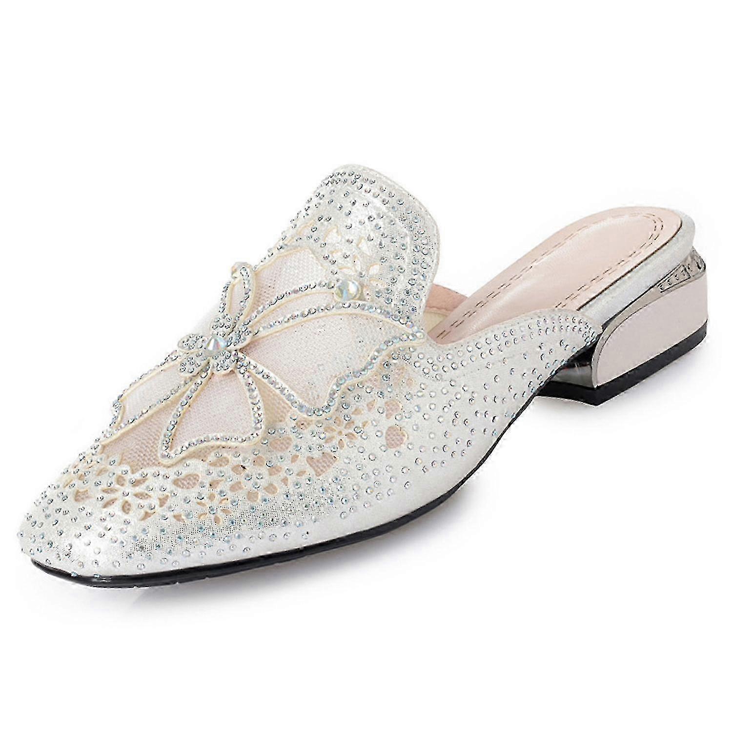 Womens Rhinestones Glitter Bow Mesh Mules Summer Closed Square Toe Backless Slip on Slippers Bohemia