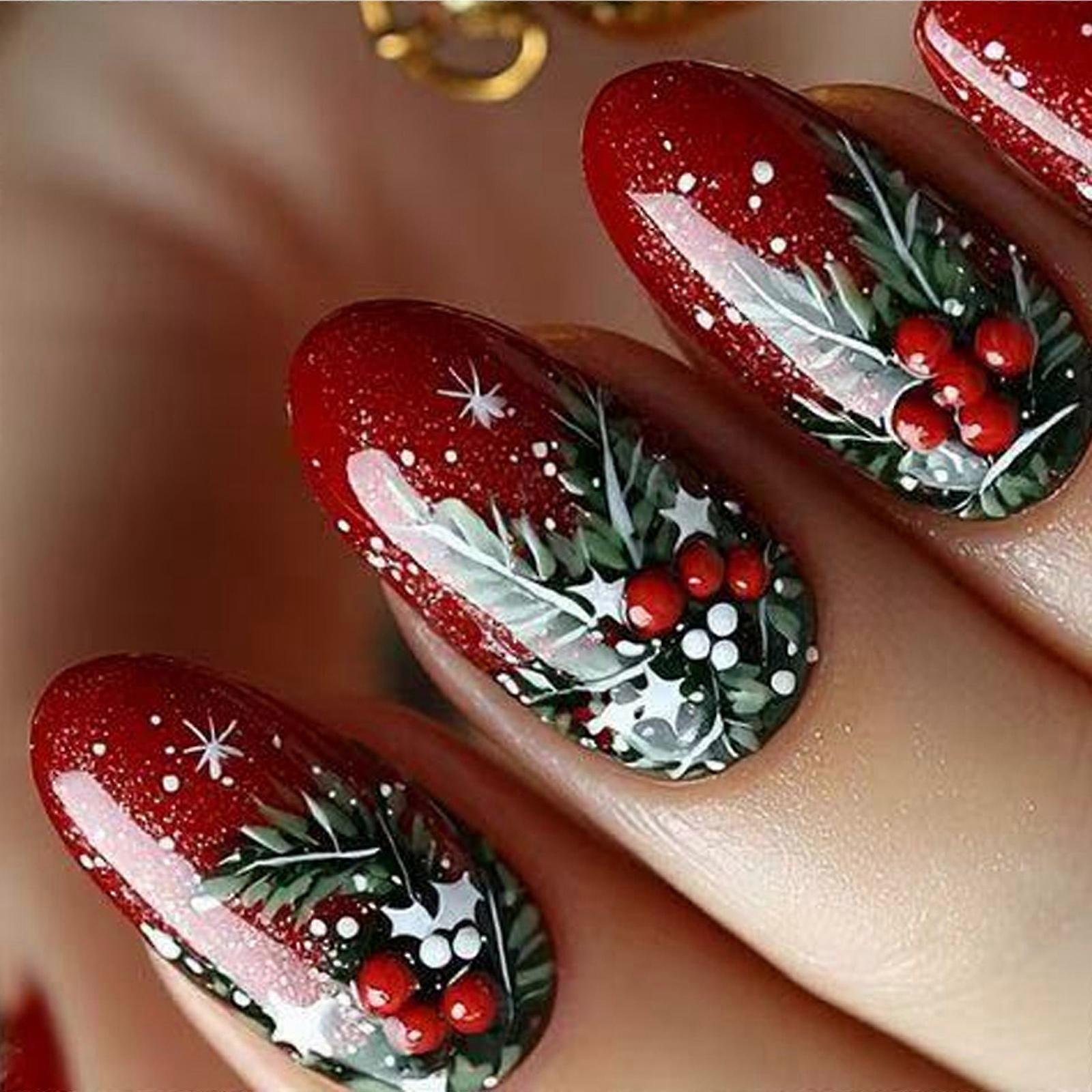 Sparkling Red Christmas False Nail 24PCS Short Oval Press On Nail With Flashy Red Berries 3D Design Easy Application Multicolor