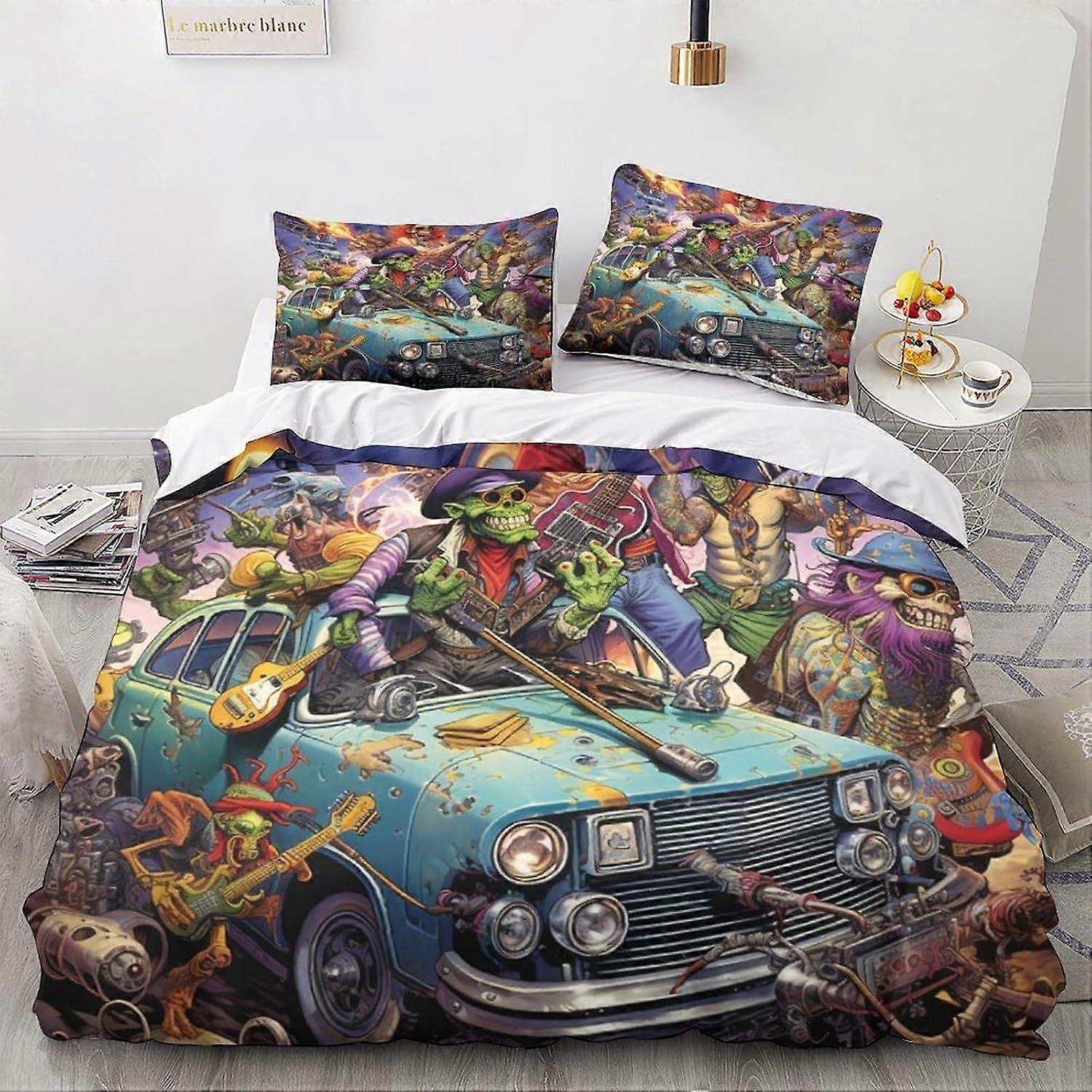 LikeEj 3 peças monstro capa edredom com fronhas, vintage carro imprimir roupa de cama conjunto com fecho de zíper, cartoon colcha capa rei