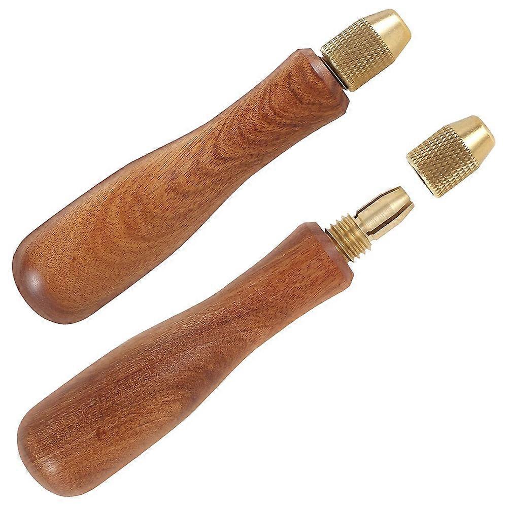 2Pcs Wood File Handle Hand Drill File Handle with Brass Collet Chuck Wooden Handle for Hand Drill File Handle