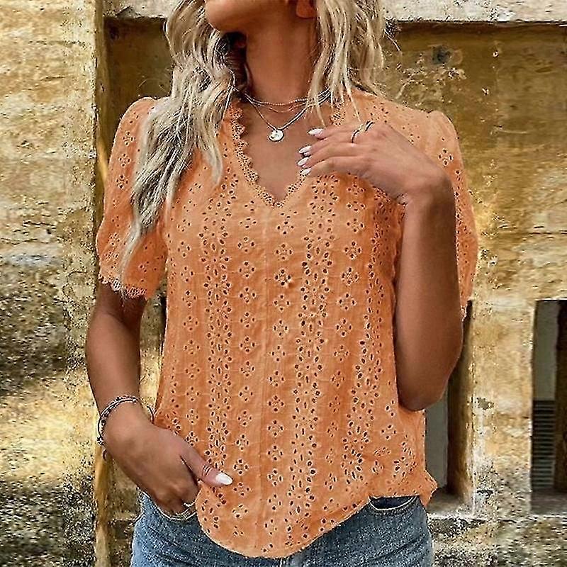 Lady's Summer Top with V-Neck and Vintage Lace Hollow Pattern