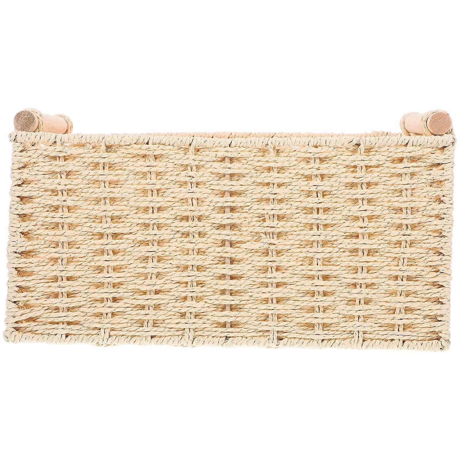 Beige Woven Storage Basket with Handle for Desktop Organization 2Pcs