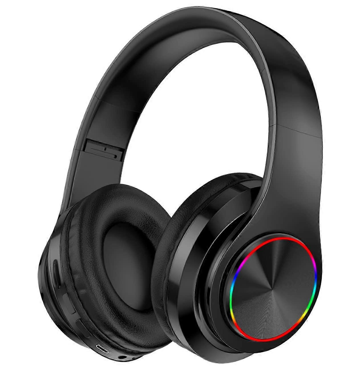 Wireless Bluetooth Headphones Colorful Lights Foldable Bluetooth 5.0 10m Range BuiltIn Microphone Black