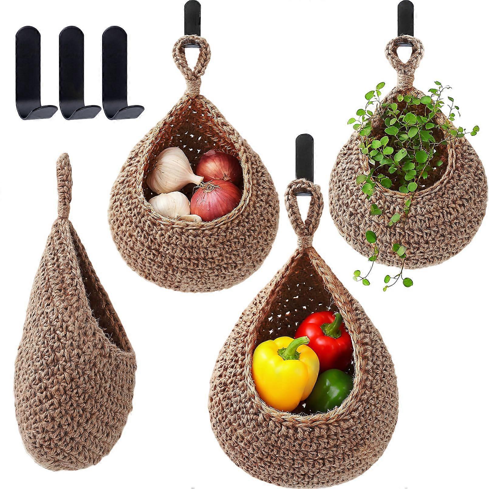 3 Pack Boho Wall Hanging Basket Set, Handwoven Hanging Fruit Baskets with Hooks for Kitchen Storage