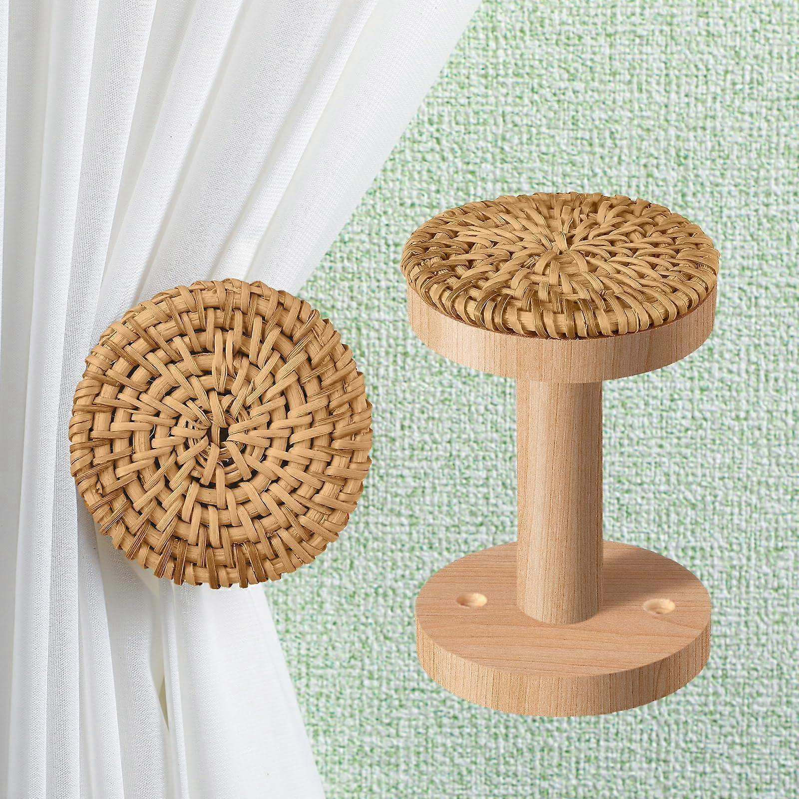 Boho Curtain Holdbacks Rattan Tiebacks Pack of 2 Wooden Wall Mounted Hooks for Sheer and Blackout Curtains