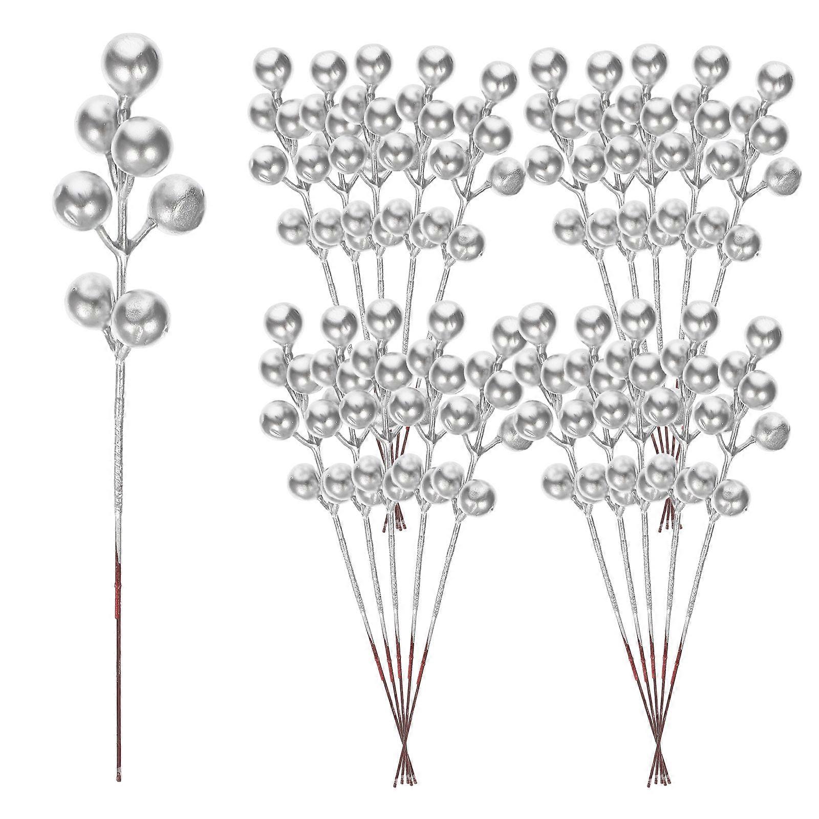 30Pcs Glitter Silver Berry Stems for DIY Use Artificial Christmas Picks