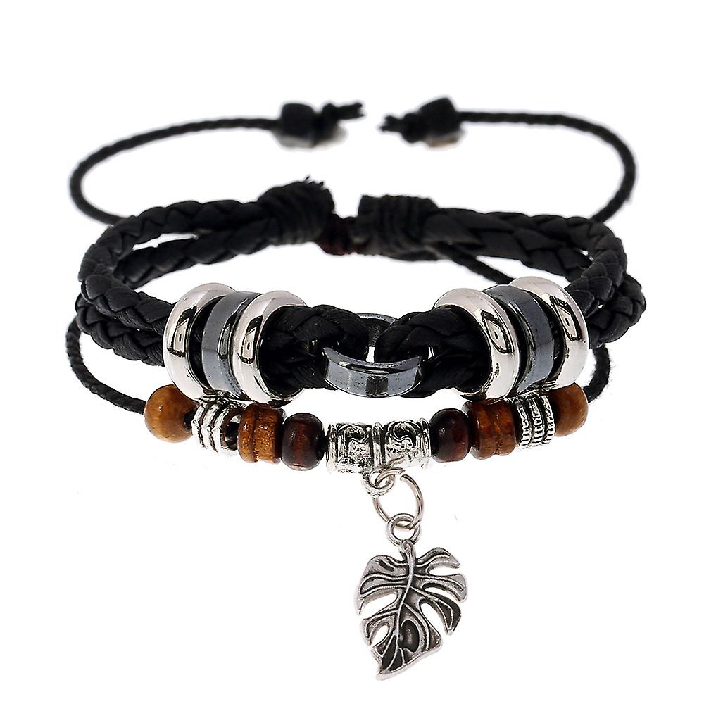 Turtle Back Leaf Pendant Layer Braided Bracelet - Turtle Back Leaf Pendant Leather Bracelet Set - Turtle Back Leaf Pendant Cowhide Woven Bracelet
