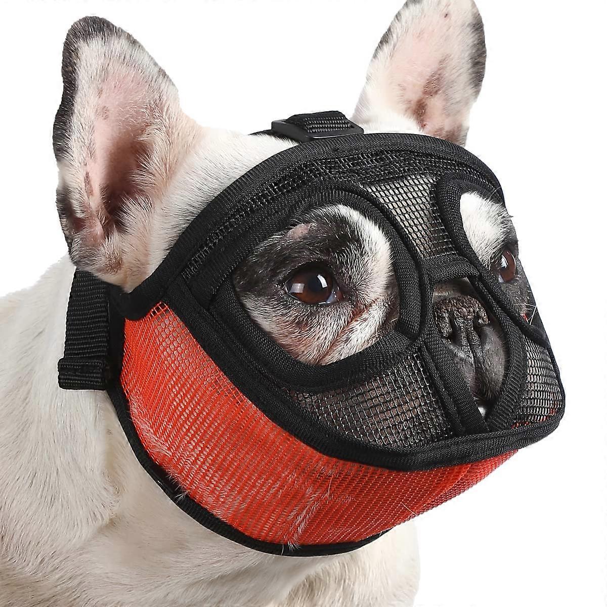 Dog Muzzle for Flat Faced Dogs, Breathable Mesh Bulldog Muzzle with Adjustable Strap L Black/Orange