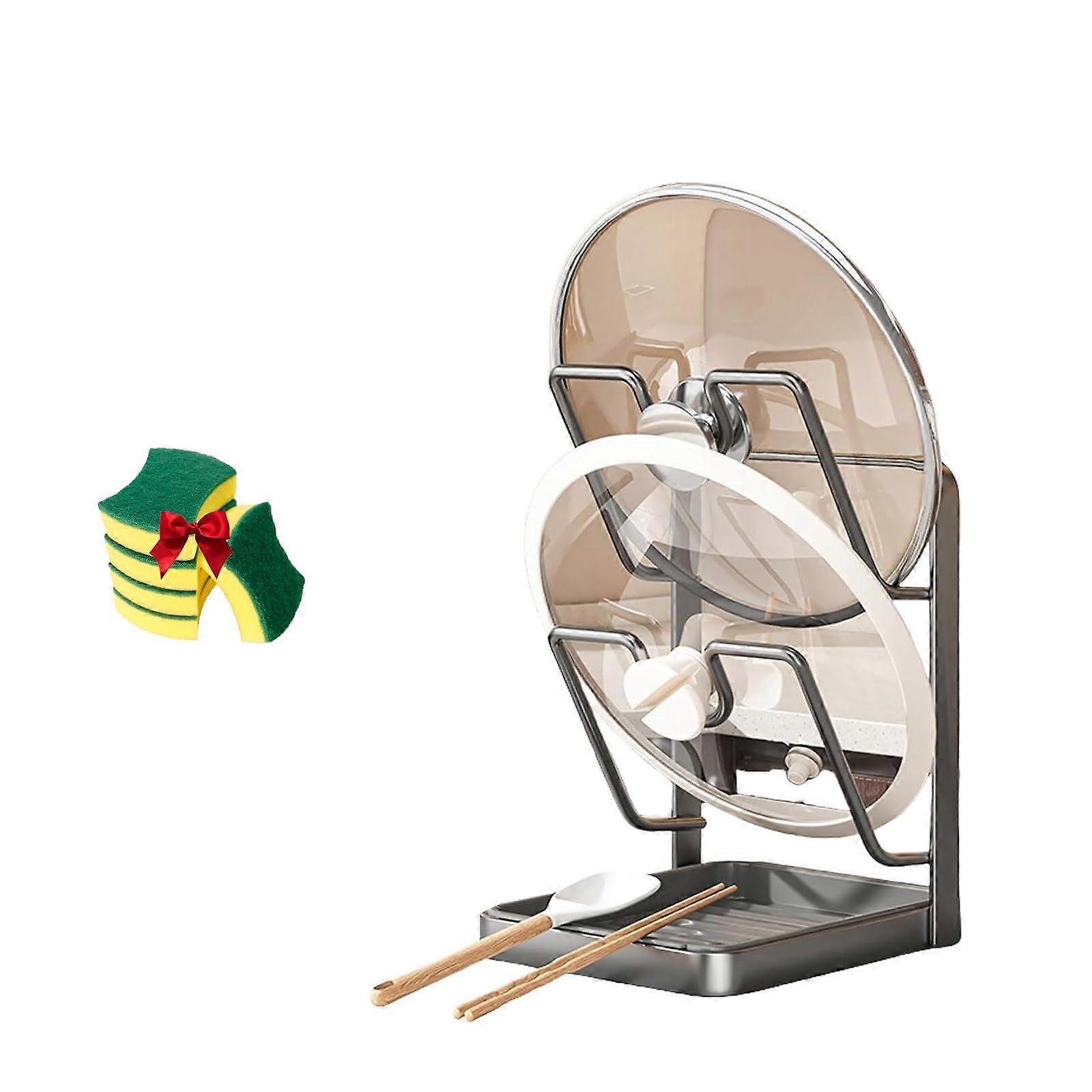 Pot Lid Organizer with Spoon Rest and Removable Drip Tray, Double Layer Kitchen Lid Holder Gray