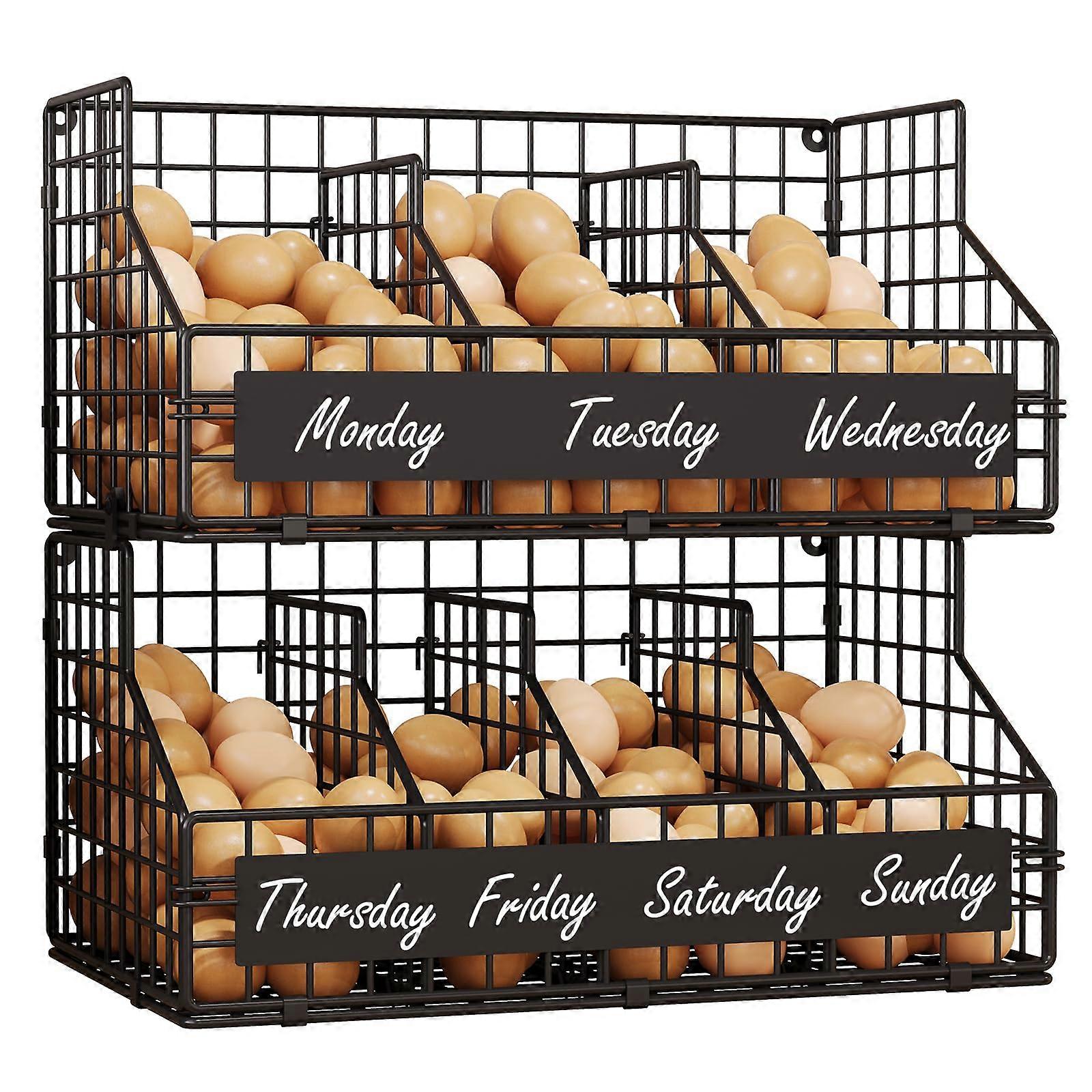 Egg Storage Basket with Adjustable Dividers, TwoTier Wire Kitchen Organizer with Labels, WallMount