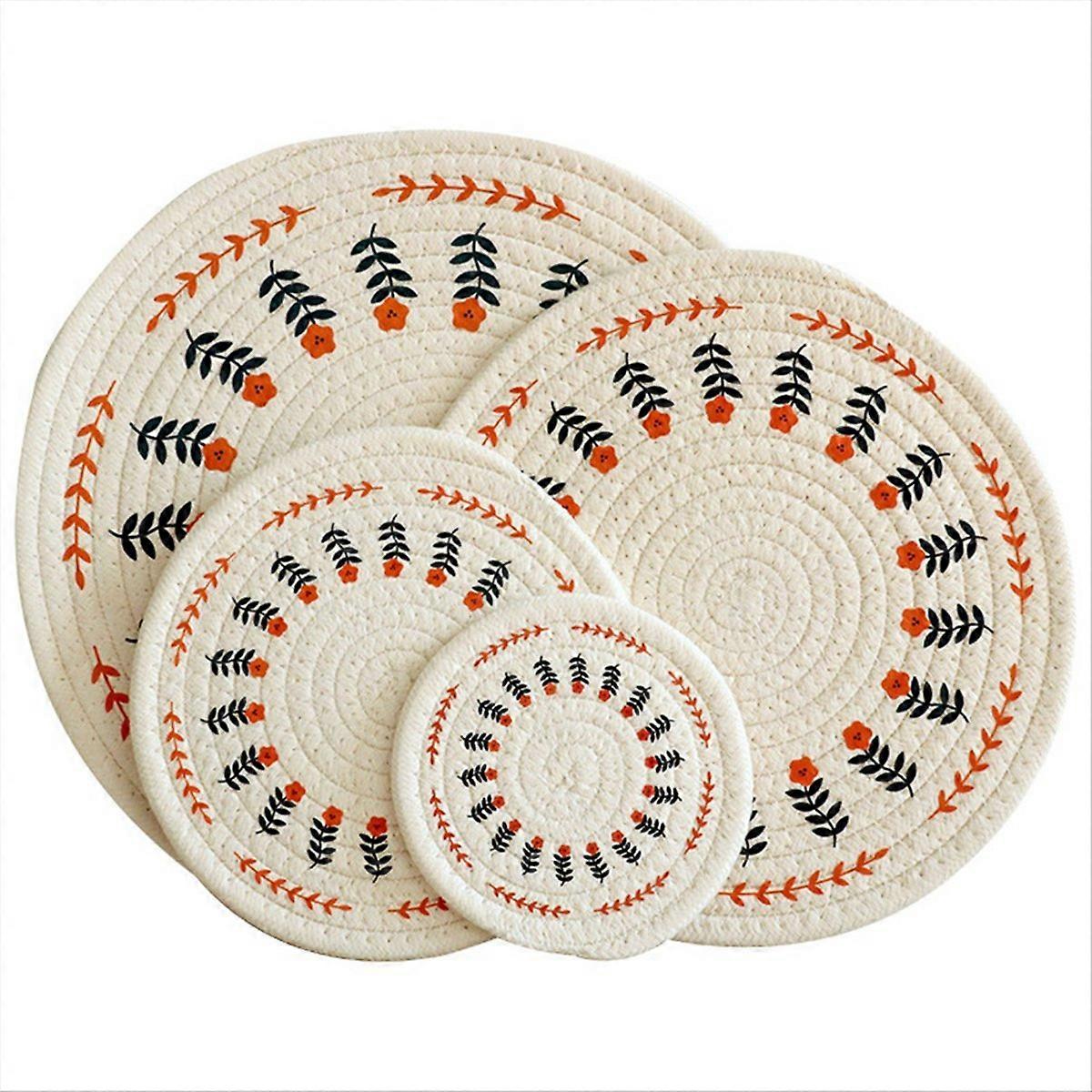 4Pcs Thicken Round Cotton Woven Insulation Pad Table Mat,Flower