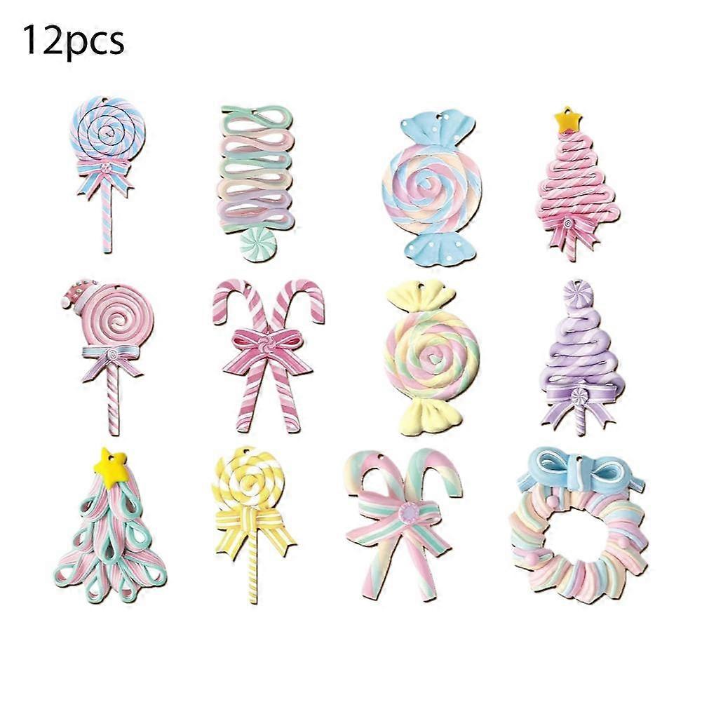 12Pcs Candy Christmas Tree Decorations,Christmas Pastel Candy Ornaments  Xmas Tree Wooden Ornaments Peppermint Candys Cane,Cute Xmas Tre-e Hanging De