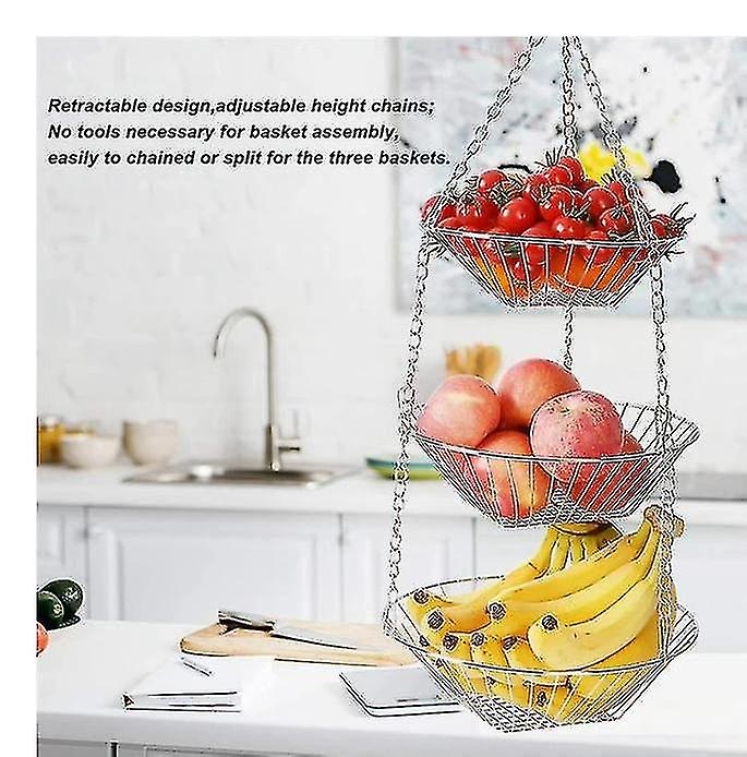 3-tier Kitchen Hanging Fruit Basket, 30-inches