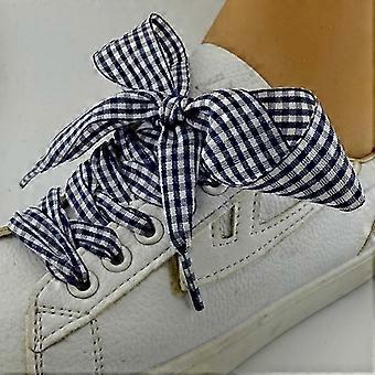 2 paar decoratieve veters van lint, geschikt voor sneakers. 2,5 cm brede platte geruite veters, geschikt voor laarzen. S - zwart wit, 140 cm.
