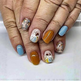 24Pcs Fall Press-On Nails Short Square Fake Nails with Pumpkin and Autumn Leaf Designs for Thanksgiving