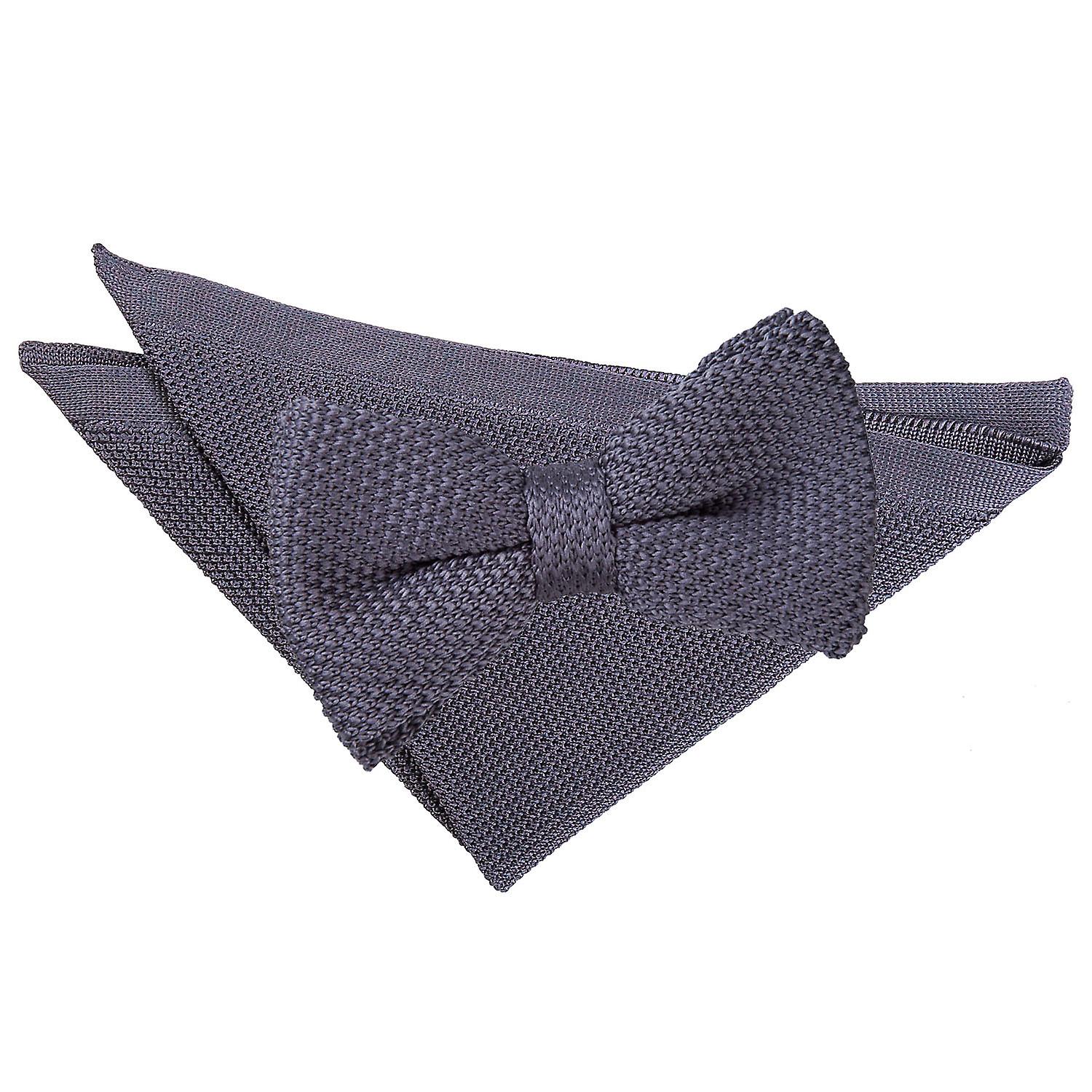 Charcoal Knitted Bow Tie and Pocket Square Set