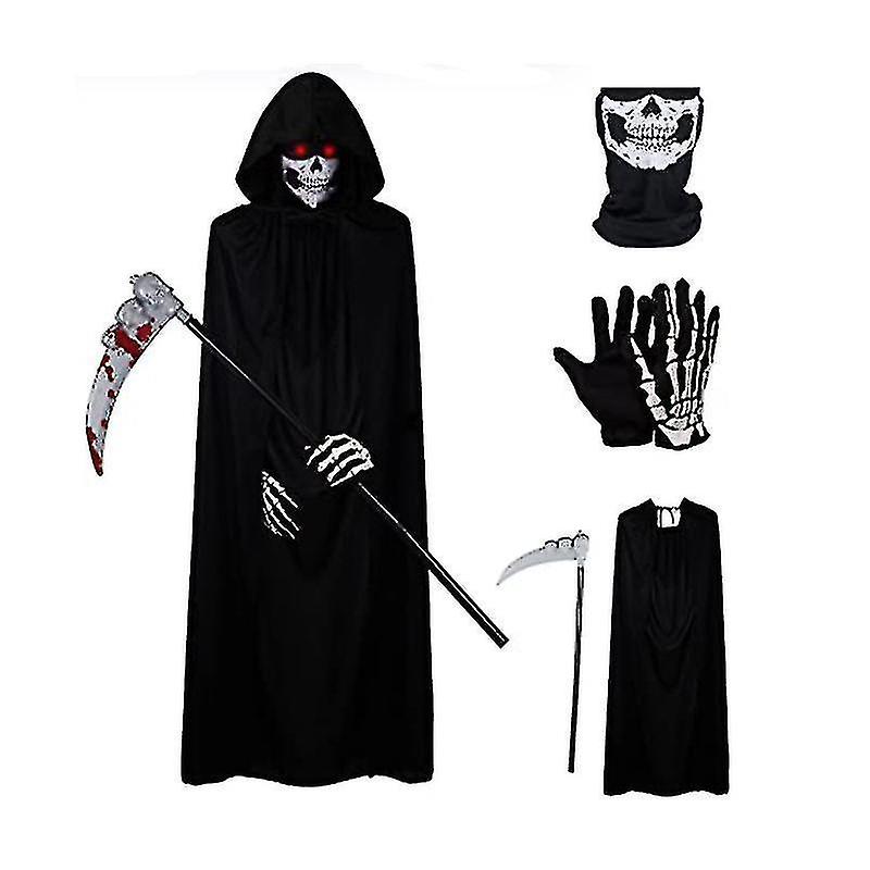 Halloween Noir À Capuche Grim Reaper Costume 175cm Longueur Noir Halloween Capuche Cape Faux Crâne Crâne À Capuche Crâne Gants Halloween Et Maquillage Fête