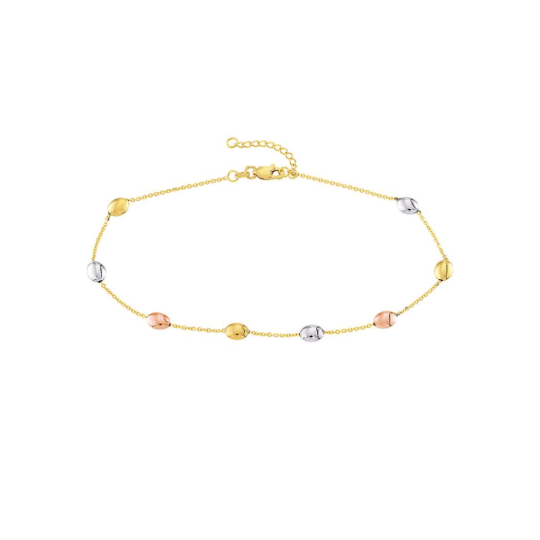 14k Yellow White and Rose Gold Tri color Coffee Beans 10 Inch Anklet for Women - 2.4 Grams