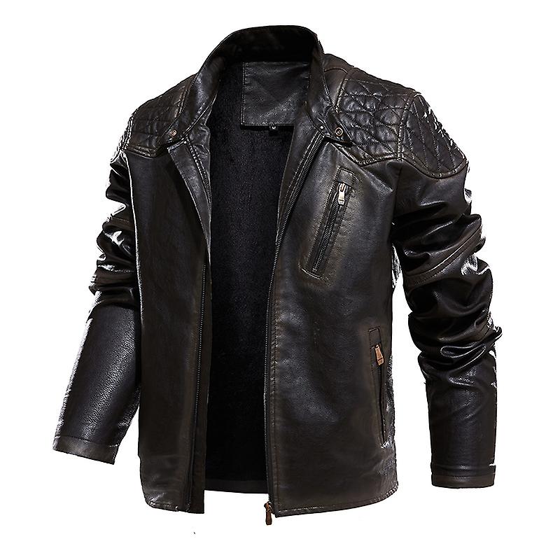 Winter Men's Pu Leather Jacket Solid Stand Collar Plush And Thick Men