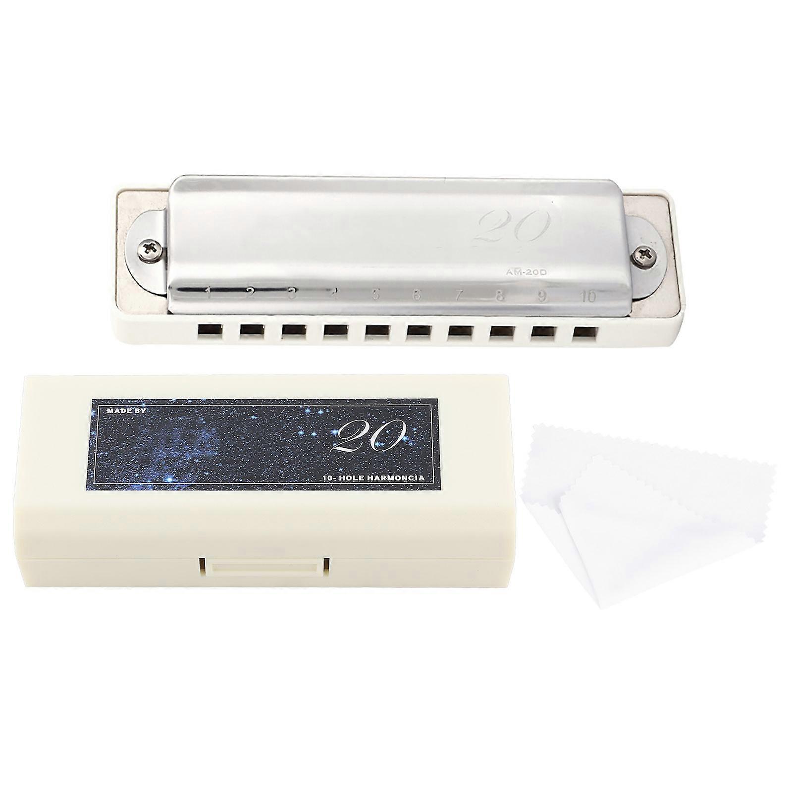 KONGSHENG AM-20D Blues Harmonica with Phosphor Bronze Reeds, 10 Holes, 20 Tones, Key of C (White)