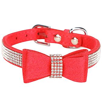 Suede Microfiber Double Bowknot Crystal Sparkle Rhinestone Cat Collar Pet SupplyRed M 42x2.0cm