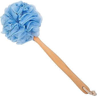 Back Scrubber for Shower, Wooden Long Handle Bath Sponge Lufa Shower Brush, Soft Nylon Mesh Back Cleaner Washer, Women & Men Exfoliating Luffa Pouf on