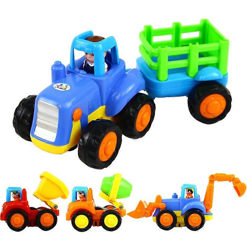 4 Pack Friction Powered Cars Construction Vehicles Toy Set Cartoon Push and Go Car Tractor, Bulldozer, Cement Mixer Truck, Dumper for Year Old Boy Gir