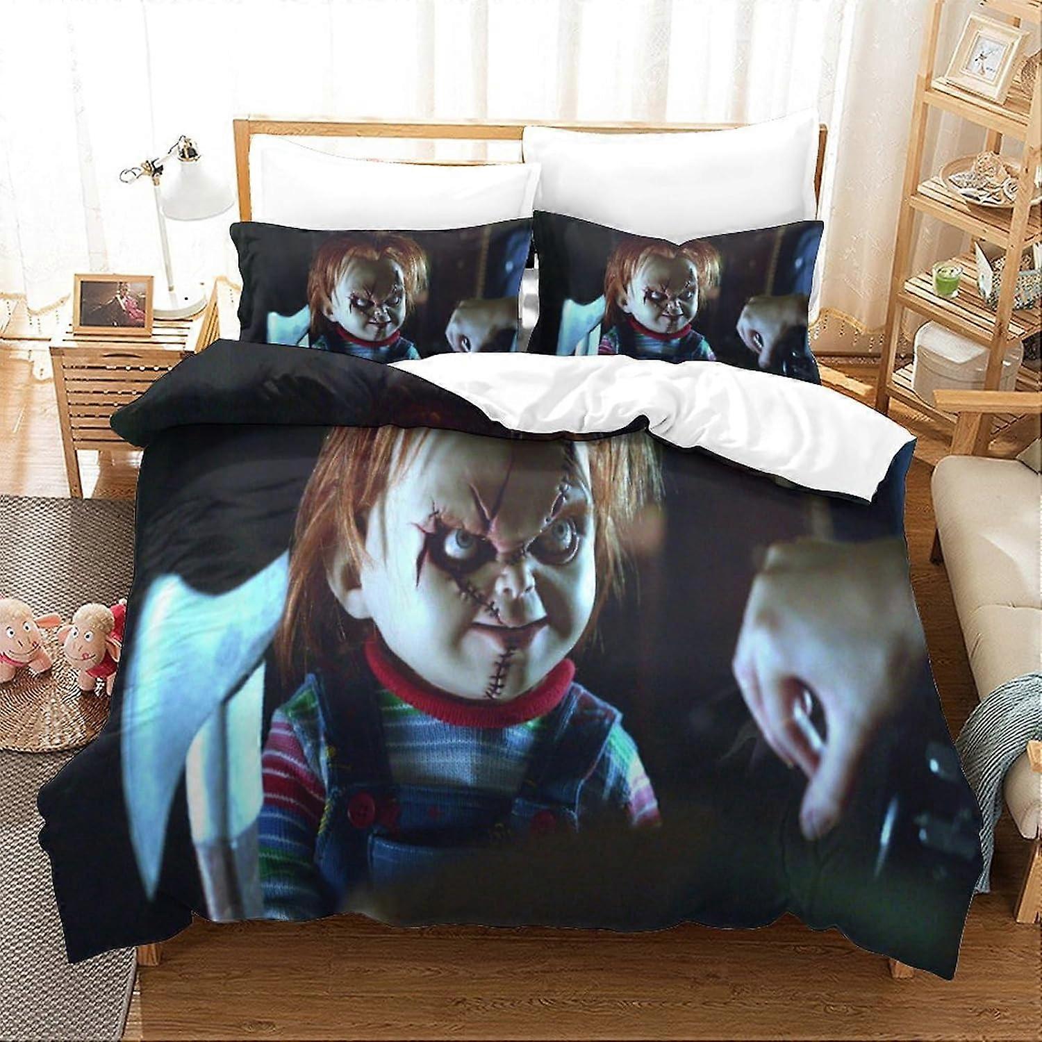 Chucky dukke dynetrekk sett gutter jenter seng 3D-trykt barneseng sett 3 stk dynetrekk mykt mikrofiberdynedeksel med glidelåslukking