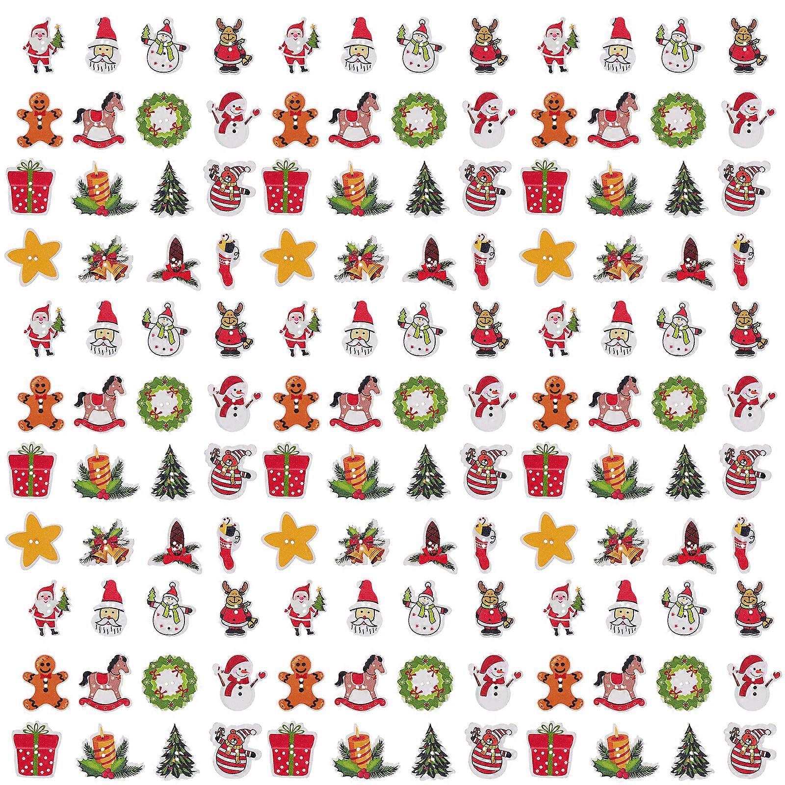 200Pcs Painted Wooden Buttons With Christmas Elements for DIY Xmas Crafts