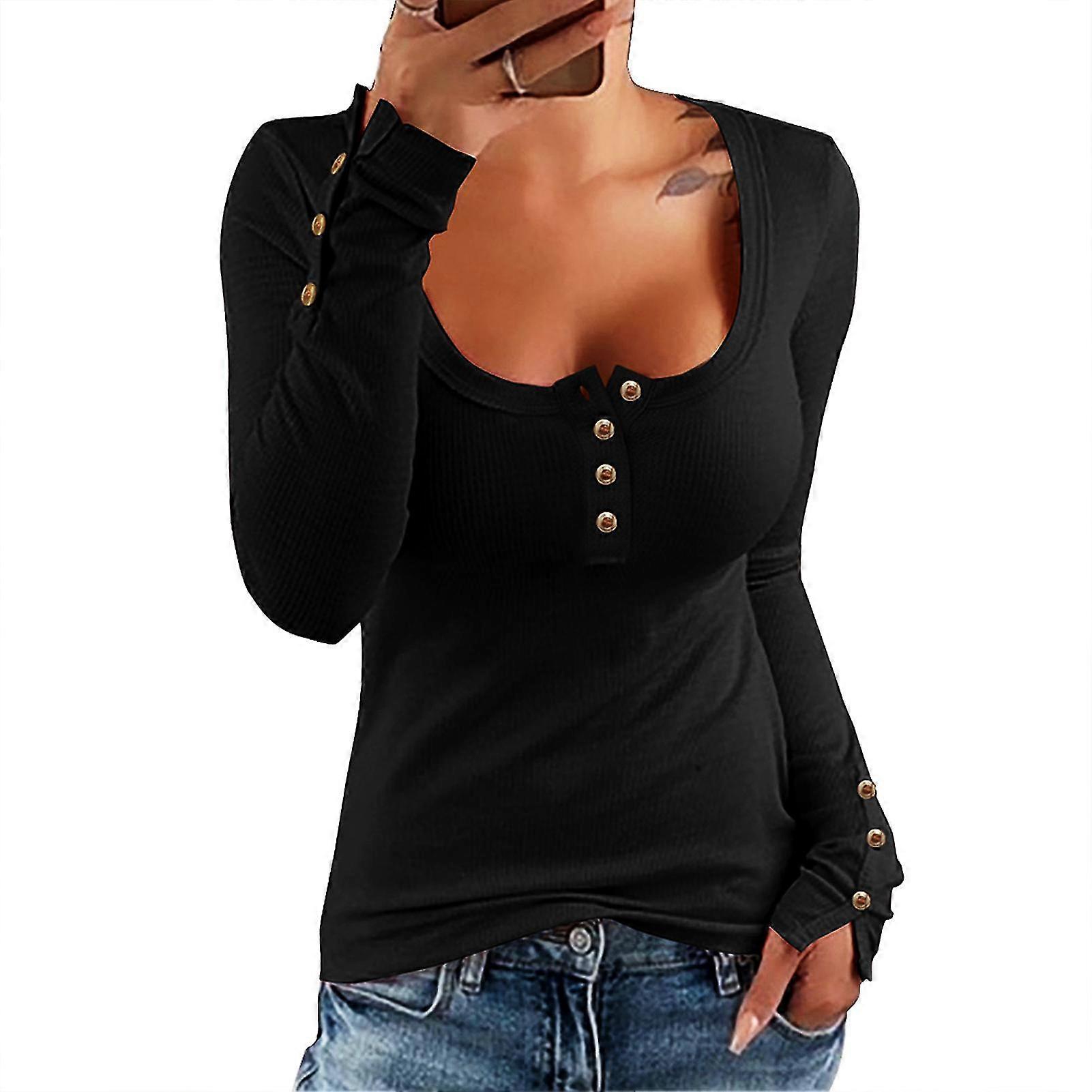 Women Top Fash Sleeve Basic Low Cut U Neck Button Down