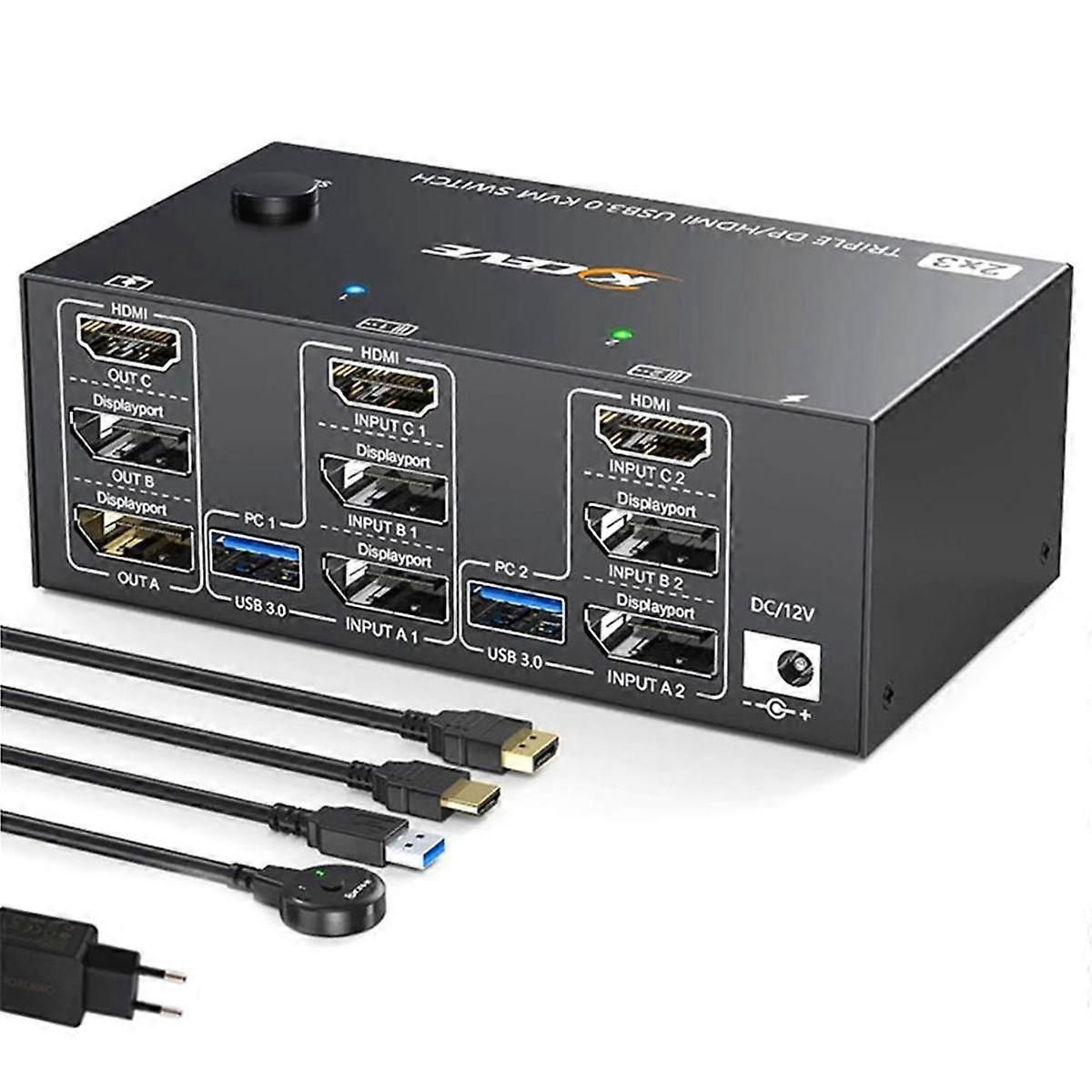 KVM Switch 2 Displayport + Compatible- Supports 8K30HZ/4K144HZ/EDID Emulator/USB3.0 Switch EU-Plug