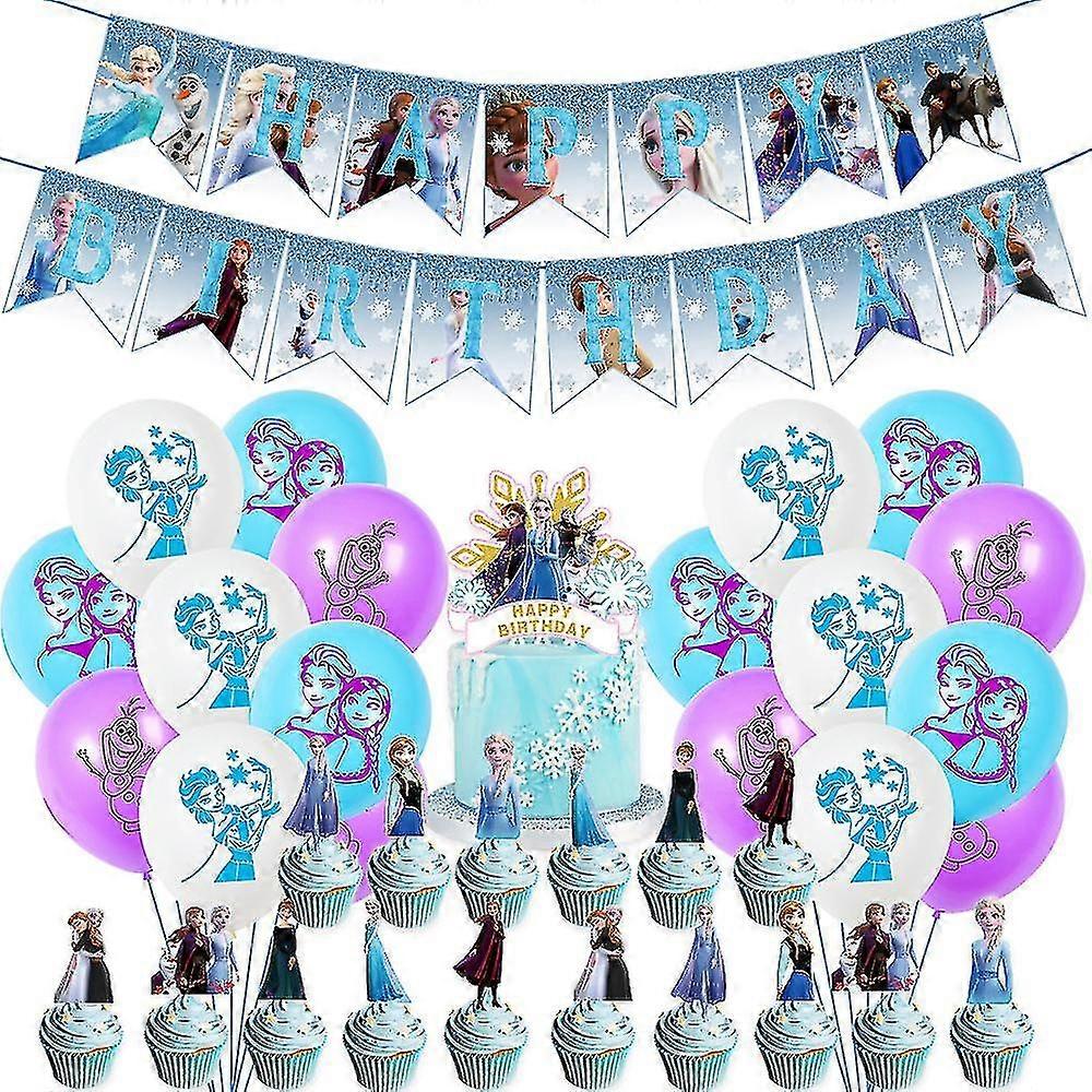 Frozen Themed Birthday Banner Pull Flag 18pcs Balloon Cake Card Set Elsa Frozen Party Decorations
