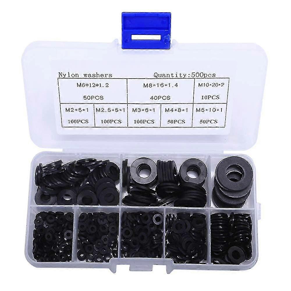 500 Pack Nylon Gaskets Black Flat Washers Assorted Insulation Gaskets M2 M2.5 M3 M4 M5 M6 M8 M10 Plastic Spacer Washers For Faucet Screw Mechanic Hand
