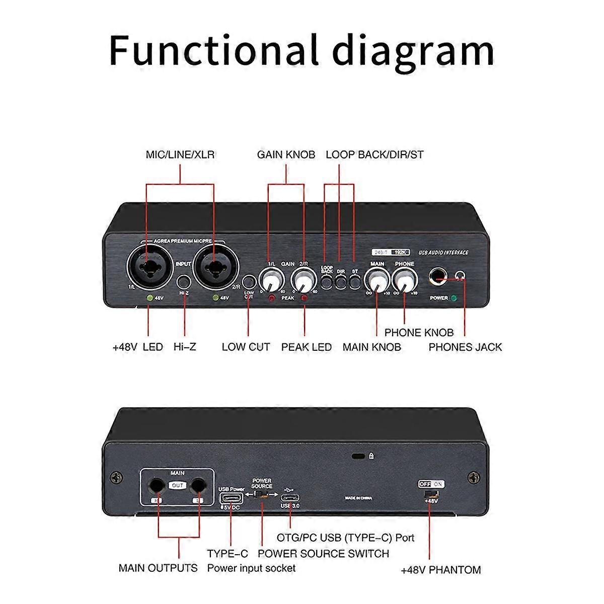 -UC22 24Bit/192KHz Audio Interface High Resistance Instruments USB Computer Live Recording External