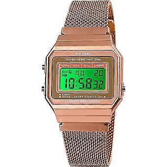 Classic Unisex Women's Men's Digital Multifunction Sports Watch Stainless Steel Band Square Waterproof Electronic Led Watch Mesh Rose Gold